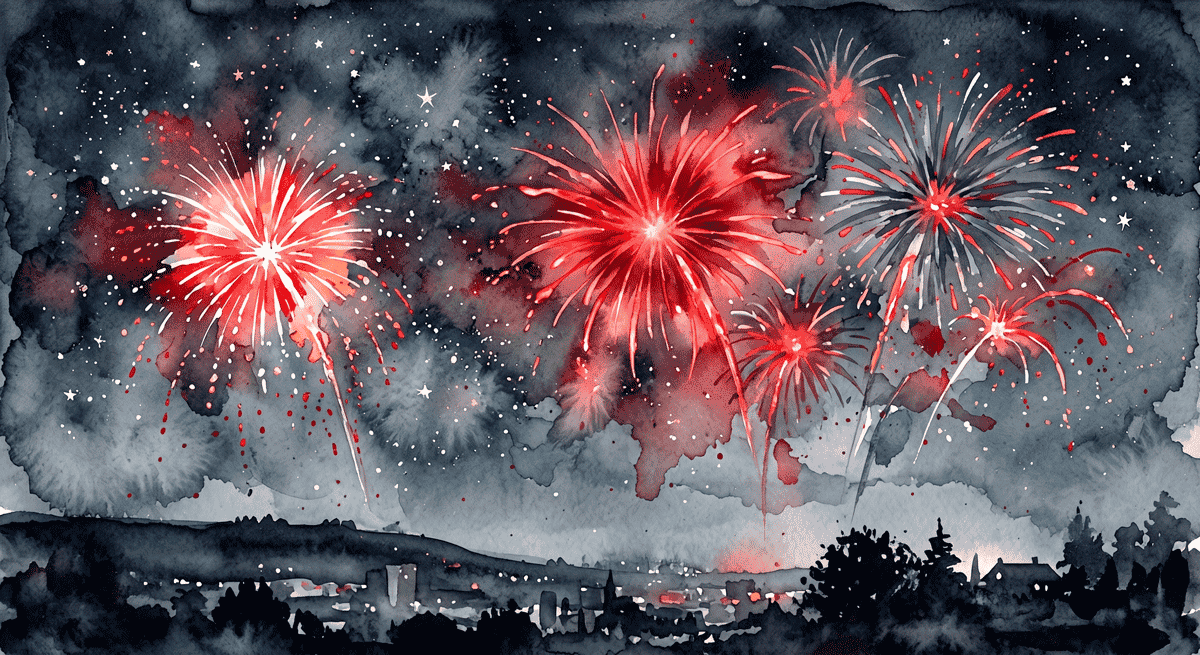 Watercolor painting of a dark night sky filled with vibrant red and white fireworks exploding over the black silhouette of a city skyline and trees.